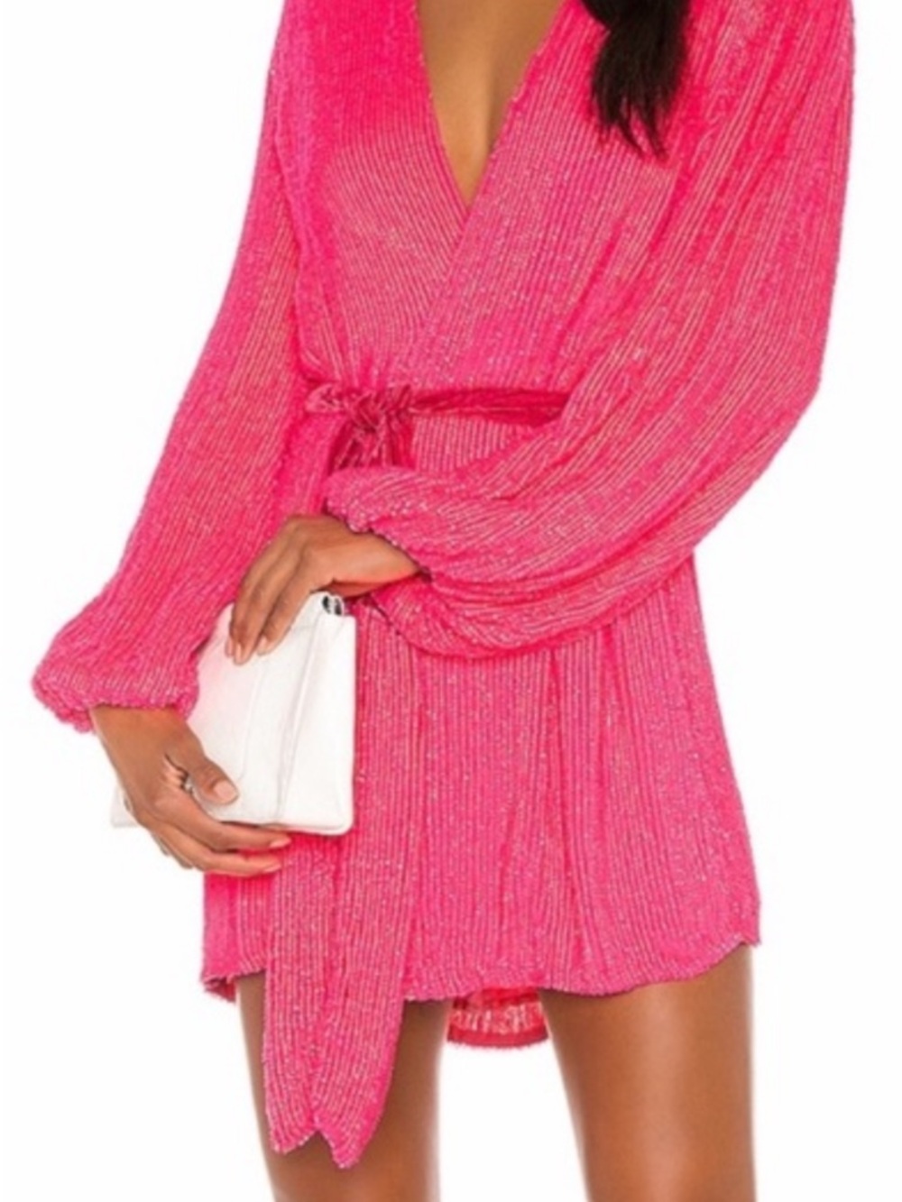 Retrofete Vibrant Pink Metallic Mini Wrap Dress. Ultra Pink. Size: XS